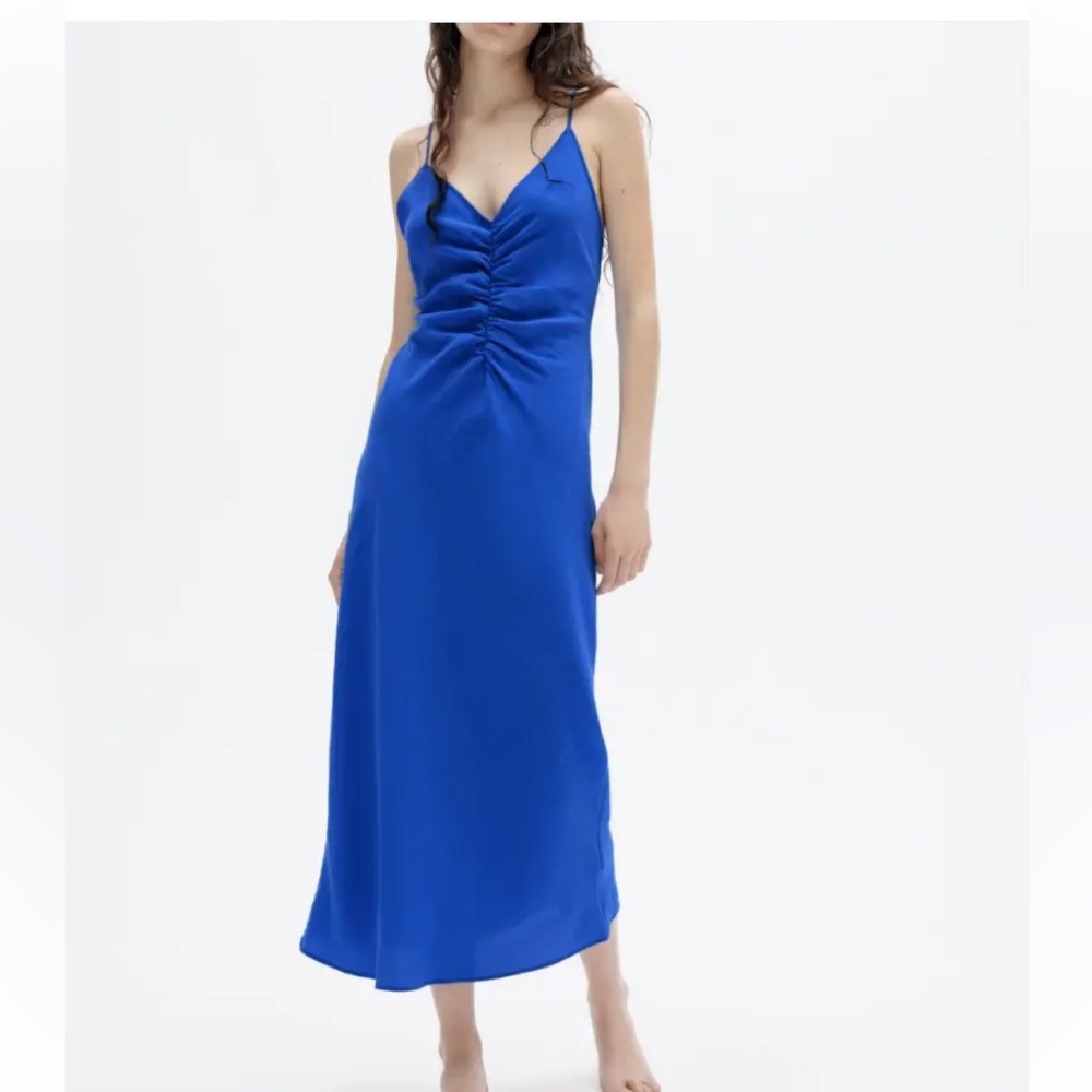 NWT Zara Blue Ruched Midi Spaghetti Strap Dress